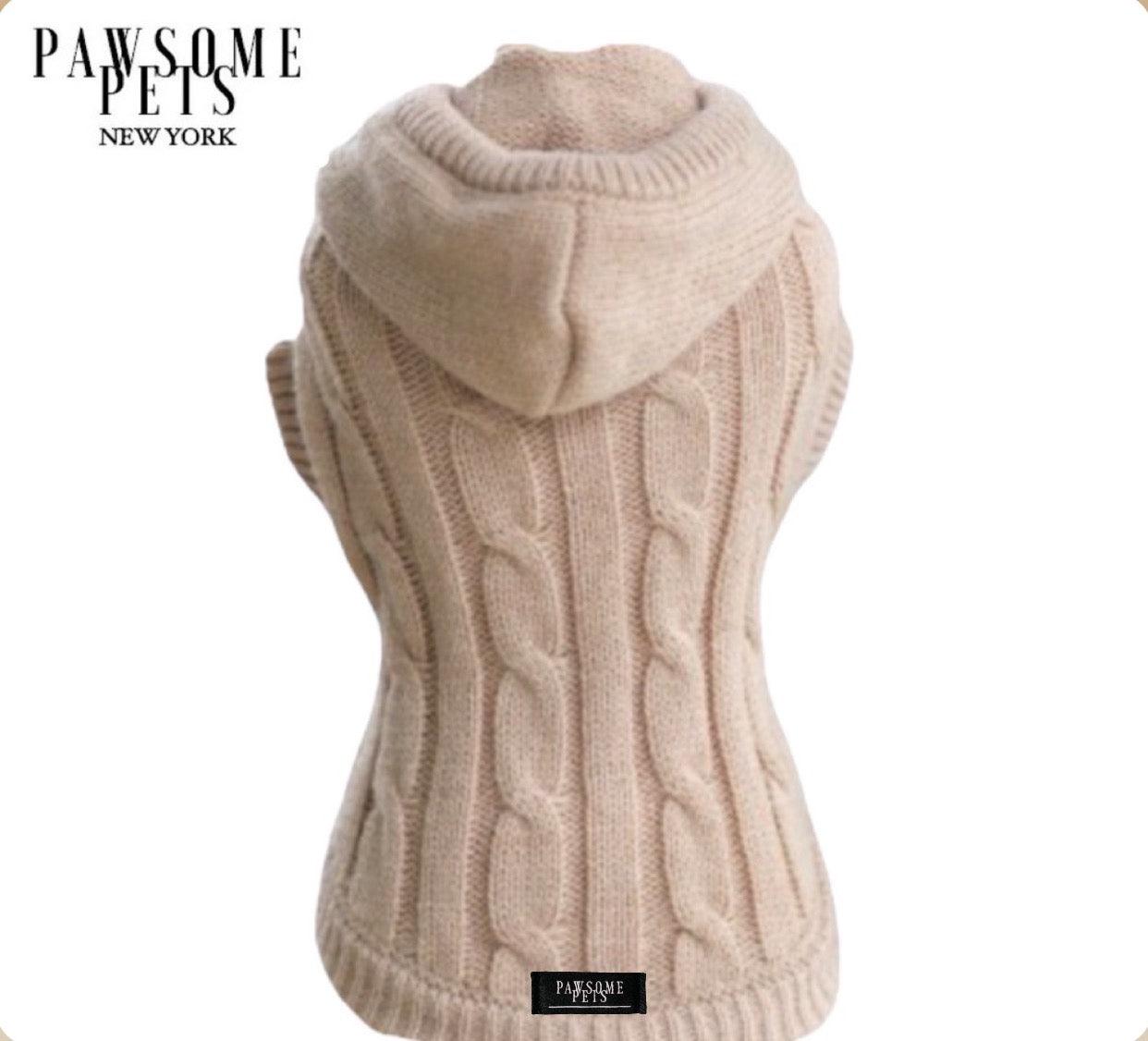 Extra Warm Cable Knit Pet Sweater with Hoodie – Beige
