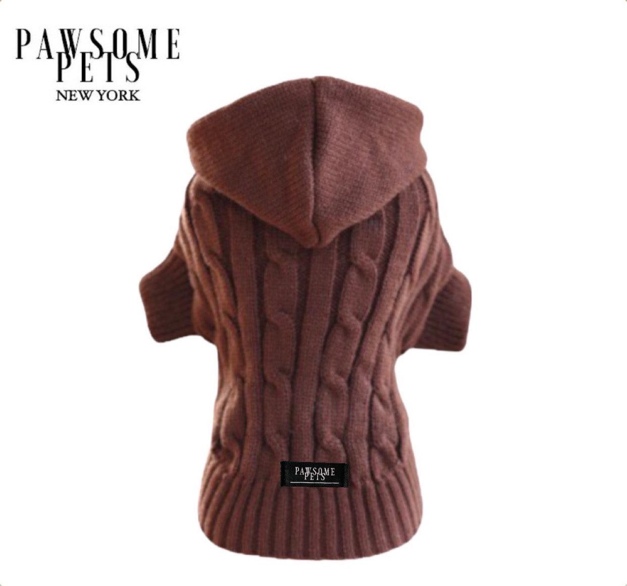 Extra Warm Cable Knit Pet Sweater with Hoodie – Brown